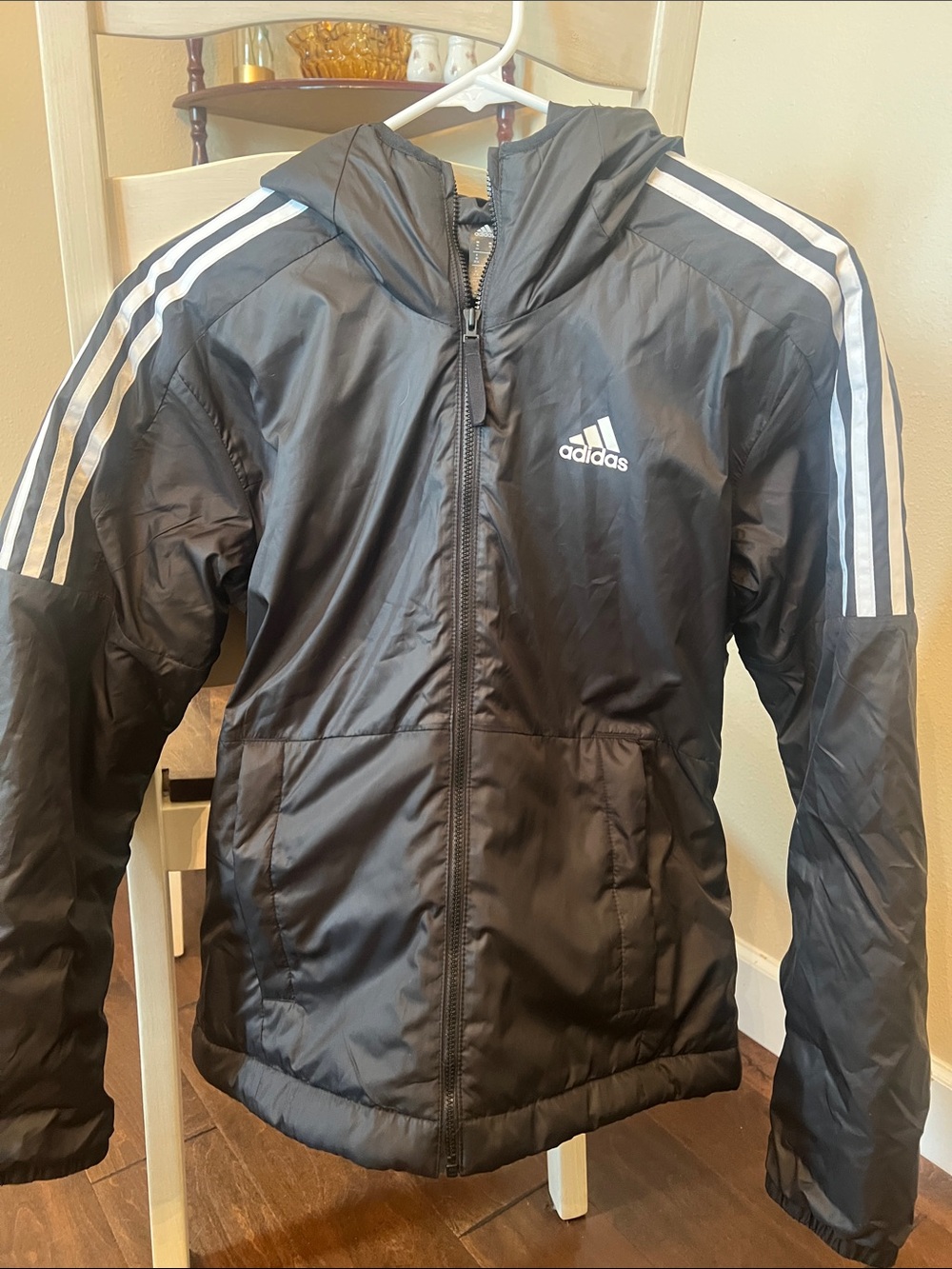 adidas Black Hooded Training Jacket with White Stripes
